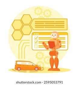 AI Optimized Prototype Testing Concept. Research and Development conducted by AI robot near car. Product development. Flat vector modern illustration 