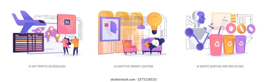 AI Optimizing Operations and Living abstract concept vector illustration set. Flight scheduling, adaptive lighting, AI-enhanced waste management for efficiency and sustainability. abstract metaphor.