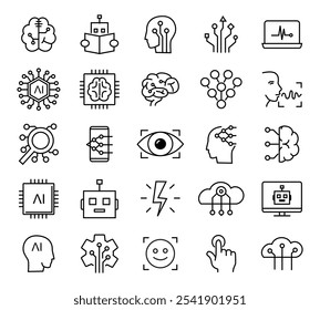 Iconos de contorno de IA con colección de trazo editable. Incluye aprendizaje automático, robótica inteligente y tecnología de IA digital en red de computación en la nube.