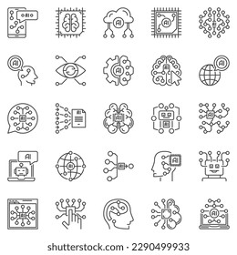 Conjunto de iconos de esquema de IA - Símbolos de línea delgada vectorial del concepto de Inteligencia Artificial