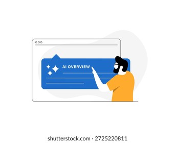 A visão geral da IA fornece um resumo instantâneo e generativo no início da pesquisa com ideias-chave e links de informação exploração conceito de tecnologia de inteligência artificial. Ilustração isolada do vetor da visão geral da IA