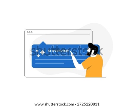 AI overview provides instant generative summary at search top with key insights information links exploration artificial intelligence technology concept. AI overview isolated vector illustration