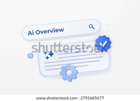 AI Overview search results with generated answers and verified content summary. Analyze AI search visibility, monitor sge generative search presence and optimize discoverability vector illustration.