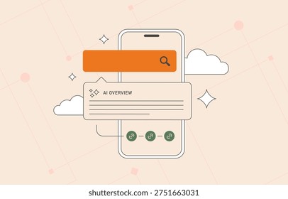 AI overview search results, generative search engine summary panel with links and sources on smartphone screen, artificial intelligence SERP answer interface changing AI SEO strategy illustration