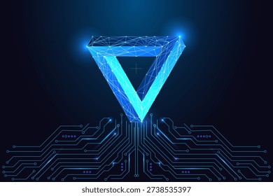 AI paradox, decision logic and complex systems concept with glowing low-poly impossible triangle above circuitry. Neon blue mesh, tech lights and abstract geometry in futuristic vector illustration.