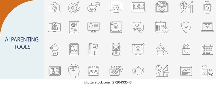 ai parenting tools and smart child care technology set, outline vector icons, black