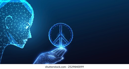 AI peace concept with a robotic head holding peace symbol on dark blue background. Ethical technology, harmony, balance, and nonviolence in artificial intelligence. Abstract vector illustration
