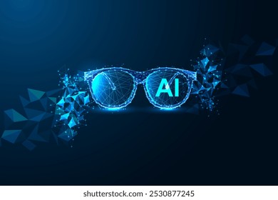 AI perception concept with polygonal glasses and abstract data flow on dark blue background. Machine learning, vision, data analysis, futuristic innovation. Glowing low polygonal vector illustration.