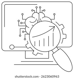 AI performance evaluation icon: brain with neural circuits, magnifying glass over rising graph, gear on screen. Vector pictogram, thin black lines, transparent background, adjustable stroke thickness