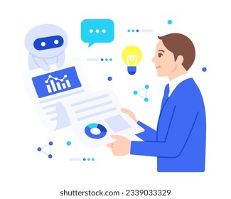 AI performs tasks instead of people. Analyzing information. Illustration material sharing the results with business people.