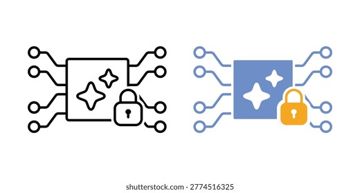 AI permission restriction icon. Node with lock symbol. Access control limitation indicator. Security permission boundary. Simple geometric illustration.