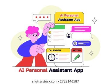 ILUSTRACIÓN VECTORIAL de App de asistente personal AI con interfaz de asistente digital inteligente, Tecnología móvil moderna y automatización inteligente