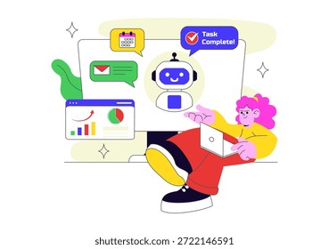 ILUSTRACIÓN VECTORIAL de App de asistente personal AI con interfaz de asistente digital inteligente, Tecnología móvil moderna y automatización inteligente