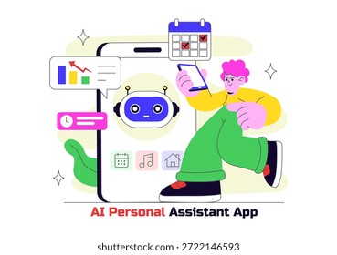 ILUSTRACIÓN VECTORIAL de App de asistente personal AI con interfaz de asistente digital inteligente, Tecnología móvil moderna y automatización inteligente