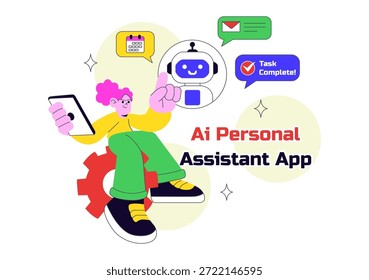 ILUSTRACIÓN VECTORIAL de App de asistente personal AI con interfaz de asistente digital inteligente, Tecnología móvil moderna y automatización inteligente