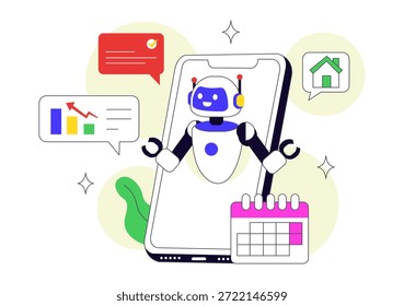 ILUSTRACIÓN VECTORIAL de App de asistente personal AI con interfaz de asistente digital inteligente, Tecnología móvil moderna y automatización inteligente
