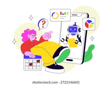 ILUSTRACIÓN VECTORIAL de App de asistente personal AI con interfaz de asistente digital inteligente, Tecnología móvil moderna y automatización inteligente