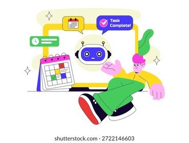 ILUSTRACIÓN VECTORIAL de App de asistente personal AI con interfaz de asistente digital inteligente, Tecnología móvil moderna y automatización inteligente
