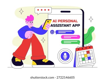 ILUSTRACIÓN VECTORIAL de App de asistente personal AI con interfaz de asistente digital inteligente, Tecnología móvil moderna y automatización inteligente