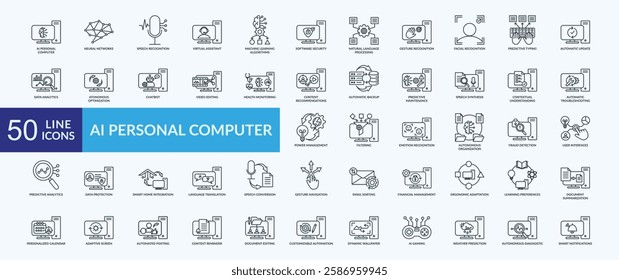 AI personal computer icon collection set with neural network, speech recognition, virtual assistant, gesture recognition, smart notifications