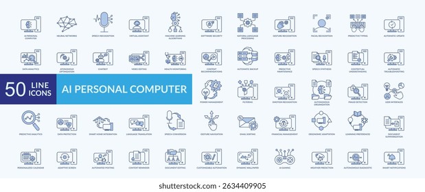 AI personal computer icon collection set with neural network, speech recognition, virtual assistant, gesture recognition, smart notification
