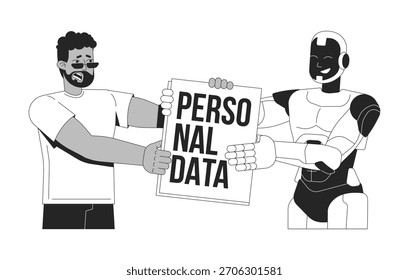 La IA y la privacidad de los datos personales se refieren al concepto de ilustración de línea. Violación de derechos digitales. Robot y humano tirando sobre el contorno de archivo sensible 2D caracteres aislados. Arte vectorial de metáfora lineal de tinta