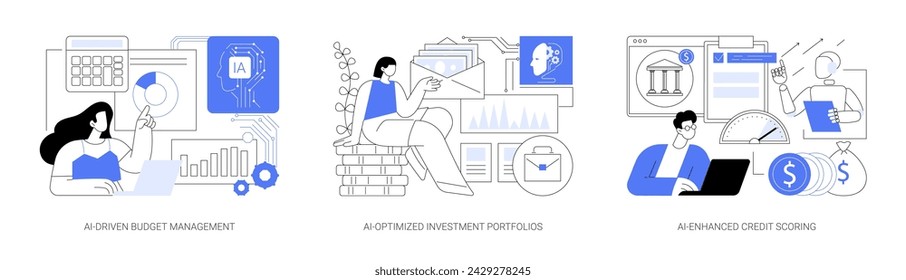 AI in Personal Finance abstract concept vector illustration set. AI-Driven Budget Management, AI-Optimized Investment Portfolios, AI-Enhanced Credit Scoring, financial behavior abstract metaphor.