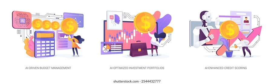 AI in Personal Finance abstract concept vector illustration set. AI-Driven Budget Management, AI-Optimized Investment Portfolios, AI-Enhanced Credit Scoring, financial behavior abstract metaphor.