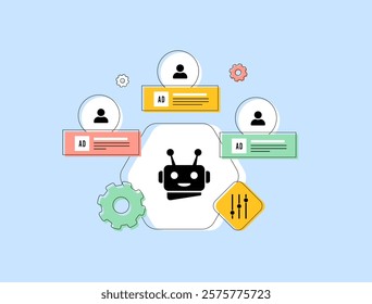 AI personalized ads - targeted advertising, audience segmentation, machine learning algorithms, customized marketing campaigns, user data analysis and AI-powered ad optimization vector illustration