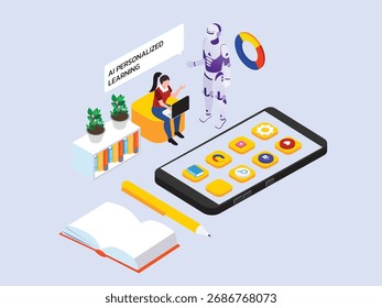 Aprendizaje personalizado y robótica en Educación Ilustración vectorial isométrica 3D