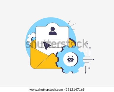 AI personalizes email campaigns by analyzing user data, boosting engagement, open rates and email conversions with automation and segmentation. Ai e-mail personalization vector illustration and icons