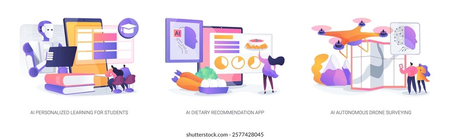 AI Personalizing Learning and Living abstract concept vector illustration set. Individualized lesson plans, dietary meal suggestions, and terrain mapping with AI drones. abstract metaphor.