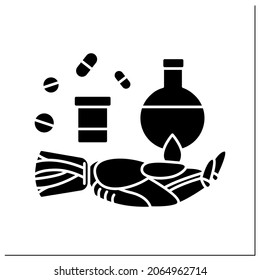 AI in pharmacy glyph icon.Digital technologies in medicine.Robot hand keeps pills and flasks.Drugs, medicine development. AI diagnostic concept.Filled flat sign.Isolated silhouette vector illustration