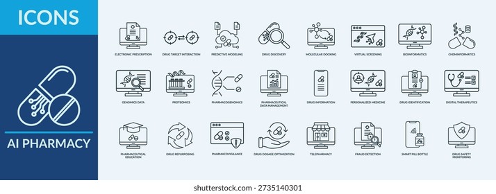 AI Pharmacy - Colección de iconos. Thin Outline Set contiene iconos como detección virtual, descubrimiento de medicamentos, medicina personalizada y más. Conjunto de iconos web simples