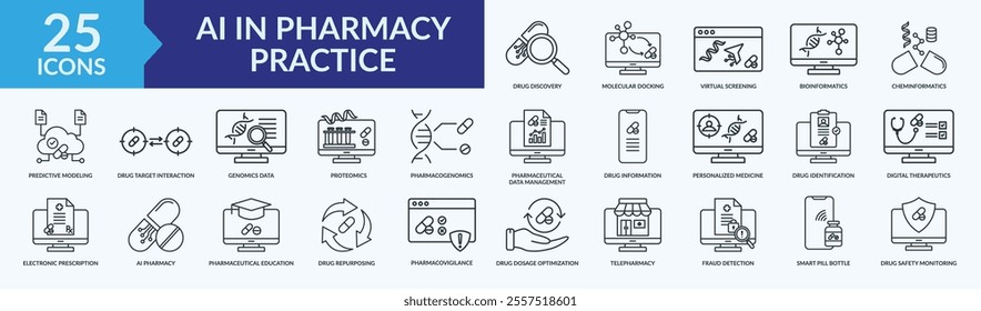 AI in pharmacy practice icon collection set with drug discovery, virtual screening, telepharmacy, predictive modeling, pharmaceutical education
