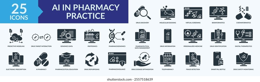 AI in pharmacy practice icon collection set with drug discovery, virtual screening, telepharmacy, predictive modeling, pharmaceutical education