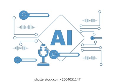 Concepto de teléfono AI, dispositivo móvil de tecnología inteligente con asistente de voz digital e inteligencia artificial. Smartphone Ai con aplicación de aprendizaje automático, reconocimiento de voz. Ilustración vectorial.