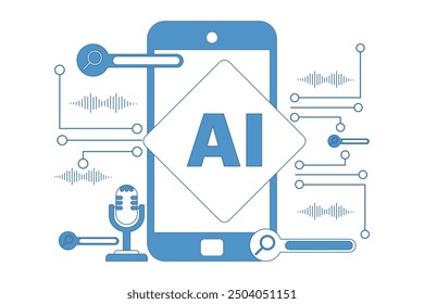 AI Phone concept, smart technology mobile device with digital voice assistant and artificial intelligence. Ai smartphone with machine learning application, speech recognition. vector illustration.