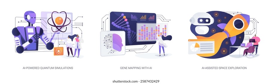 AI Pioneering Science and Exploration abstract concept vector illustration set. Quantum simulations, genetic variant prediction, and AI-powered robots supporting space missions. abstract metaphor.