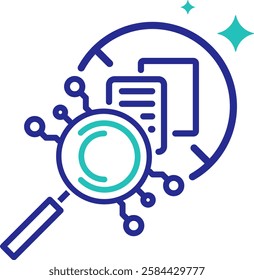 AI plagiarism detection icon with adjustable outlines, featuring a magnifying glass over text, symbolizing analysis and originality verification