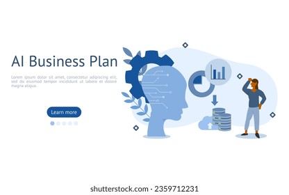 AI planning illustration. characters are looking at collect data and statistics by AI analysis. AI Business Planning concept. vector illustration.