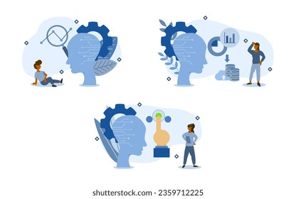 AI planning illustration set. characters are looking at Business planning by AI including data analysis, collect data and statistics, choose a business goal. AI Business Planning concept vector.
