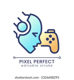 Icono de gradiente de color perfecto para píxeles de juegos de IA. Aprendizaje de refuerzo profundo. Bot de inteligencia artificial. Realidad virtual. Imagen vectorial RGB aislada. Ilustración de línea rellenada. Trazo editable