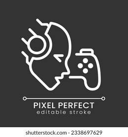 AI spielen Spiele Pixel perfekt weißen linearen Symbol für dunkles Thema. Tief verstärktes Lernen. Künstlicher Intelligenzbot. Dünne Illustration. Einzelnes Symbol für den Nachtmodus. Bearbeitbarer Hub