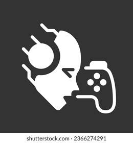 AI play games white linear glyph icon for night mode. Artificial intelligence. Virtual reality. Negative space silhouette symbol on dark theme background. Solid pictogram. Vector isolated illustration