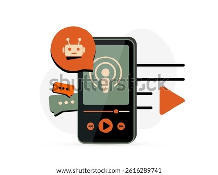 AI podcast generator for audio content and marketing. Automatically generate podcast episodes for newsletters, platforms and AI enthusiasts with everyday tips and tools.Vector illustration and icons