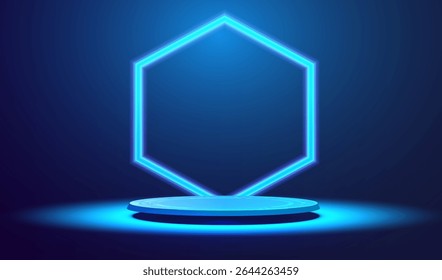 Ai podium background. Glowing hexagon neon lamps. Futuristic gaming design. Display scene illumination concept. Empty power show room with 3d stage vector background.	