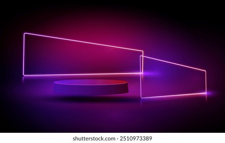 Ai podium com tela de neon brilhante. Cinema palco com lâmpadas e linhas de luz em design de jogos futurista. Exibir conceito de iluminação da cena. Sala de exposição vazia com vetor de plataforma de levitação 3d.