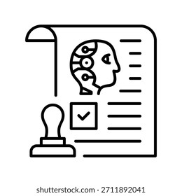 Documento de política de IA con icono de contorno de sello aprobado. Contrato legal o documento de certificación con una casilla de IA y sello de verificación, que representa la regulación, la verificación y el cumplimiento de políticas