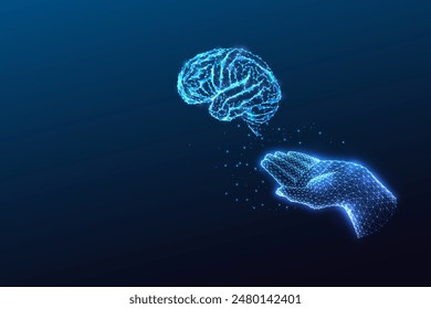 AI Power and human intelligence futuristic conceptual image with hand releasing brain on dark blue background. Glowing low polygonal style. Modern abstract connection design vector illustration.